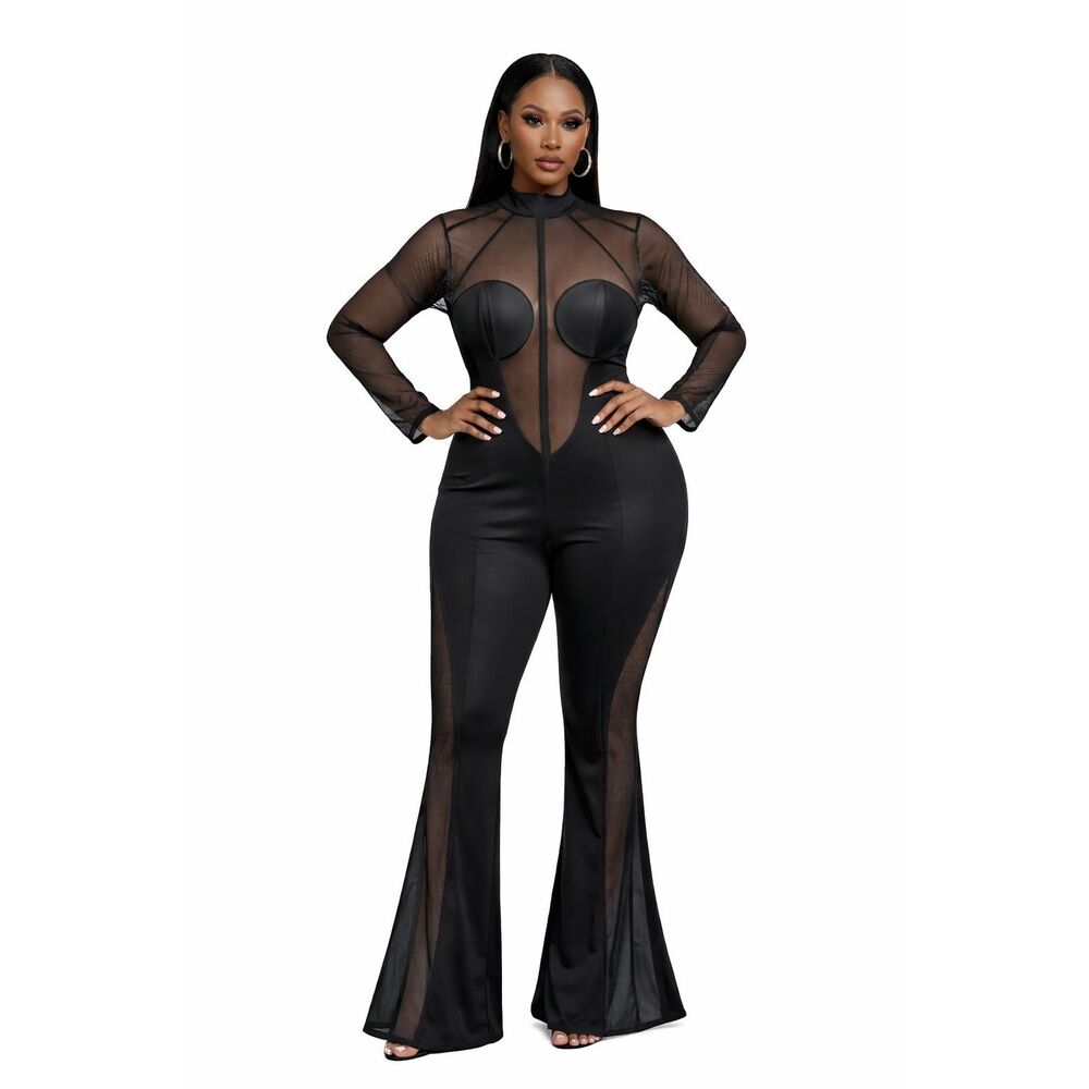 SHEIN Curve 1XL Black Mesh Panel Flare Jumpsuit Sheer Sleeve Statement Piece - Picture 15 of 15